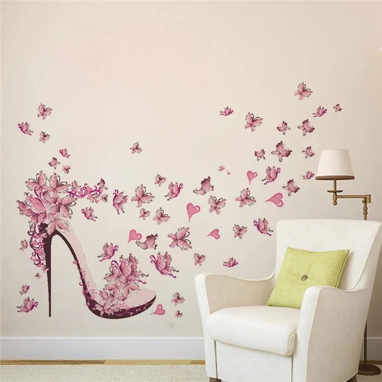 ZY073 45*60cm Pink Butterflies and High Heel Pattern PVC Decal Living Room Background Wall Sticker (ST)