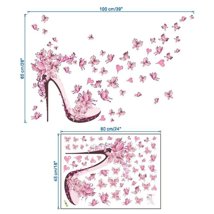 ZY073 45*60cm Pink Butterflies and High Heel Pattern PVC Decal Living Room Background Wall Sticker (ST)