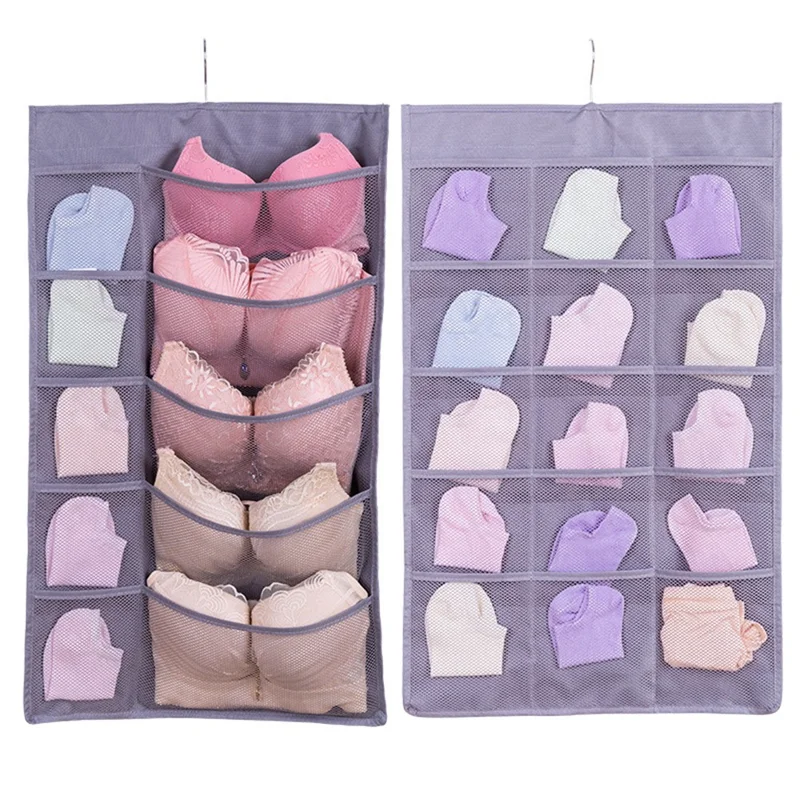 25 Pockets Wardrobe Bra Underwear Socks Storage Oxford Cloth Double-Sided Hanging Bag - Grey