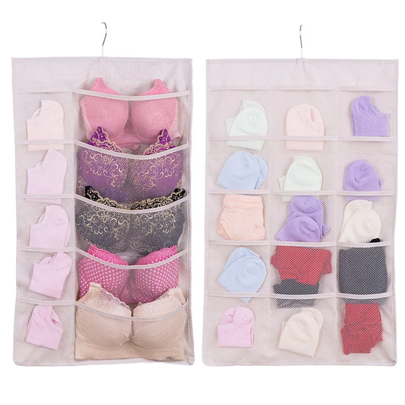 25 Pockets Wardrobe Bra Underwear Socks Storage Oxford Cloth Double-Sided Hanging Bag - Beige