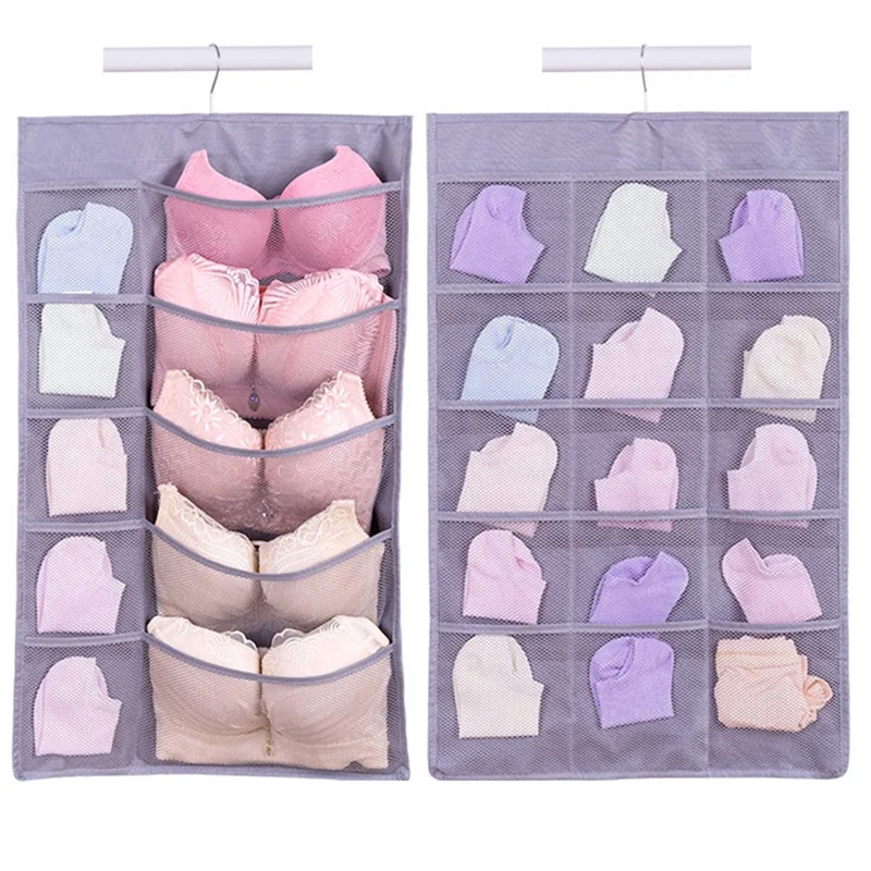 25 Pockets Wardrobe Bra Underwear Socks Storage Oxford Cloth Double-Sided Hanging Bag - Beige