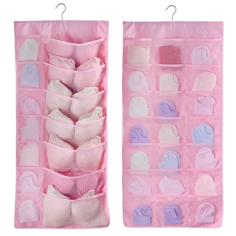 35 Pockets Oxford Cloth Double-Sided Hanging Bag Wardrobe Bra Underwear Socks Organizer - Pink