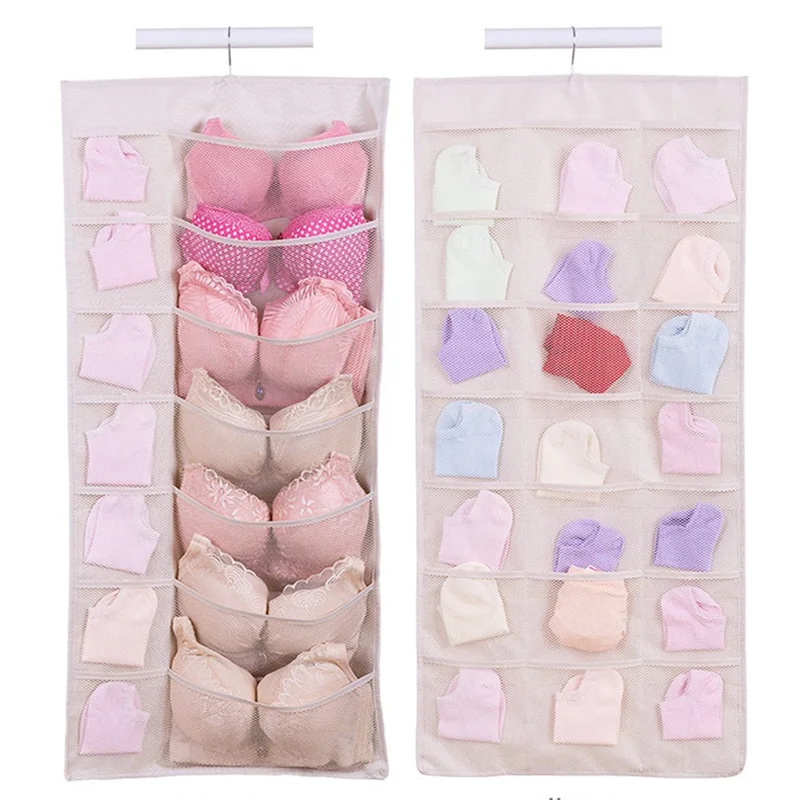 35 Pockets Oxford Cloth Double-Sided Hanging Bag Wardrobe Bra Underwear Socks Organizer - Pink