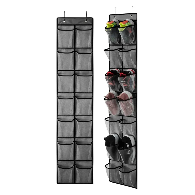 14 Pockets Non-Woven Shoes Hanging Organizer Transparent PVC Shoes Storage Bag - Grey