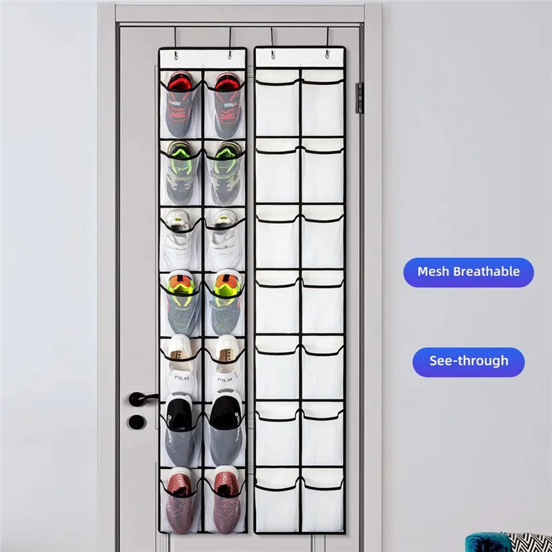14 Pockets Non-Woven Shoes Hanging Organizer Transparent PVC Shoes Storage Bag - Grey