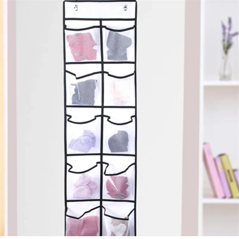 14 Pockets Non-Woven Shoes Hanging Organizer Transparent PVC Shoes Storage Bag - Grey