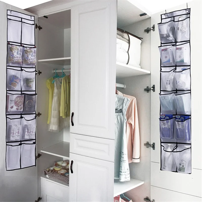 14 Pockets Non-Woven Shoes Hanging Organizer Transparent PVC Shoes Storage Bag - Grey