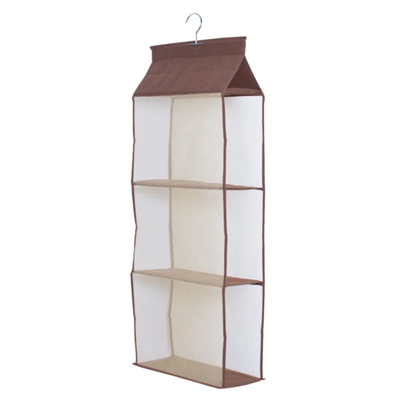 3 Layer Handbag Hanging Organizer Space Saving Non-woven Fabric Storage Bag - Coffee