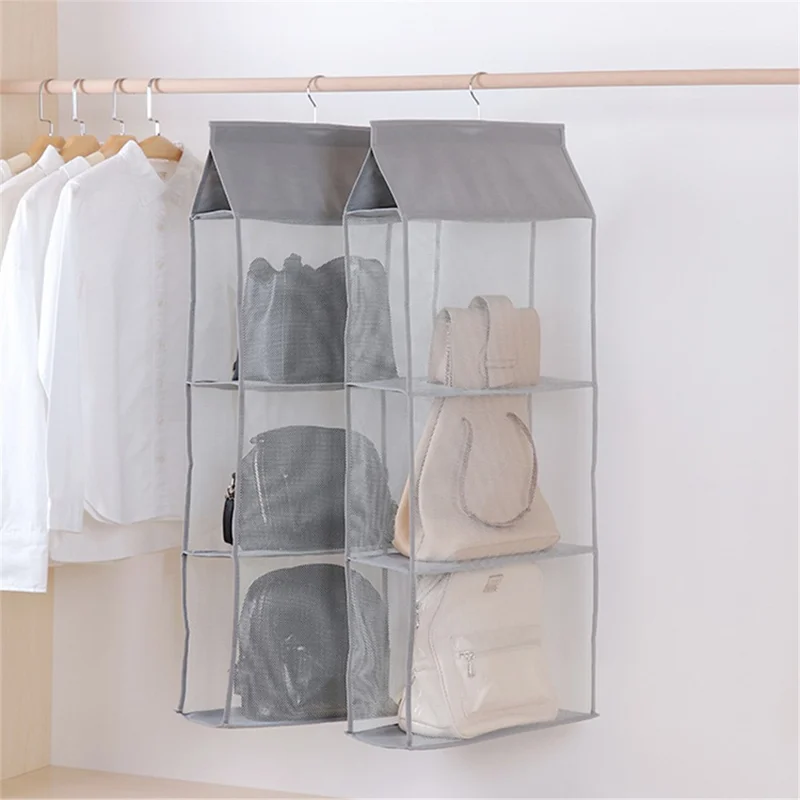 3 Layer Handbag Hanging Organizer Space Saving Non-woven Fabric Storage Bag - Beige