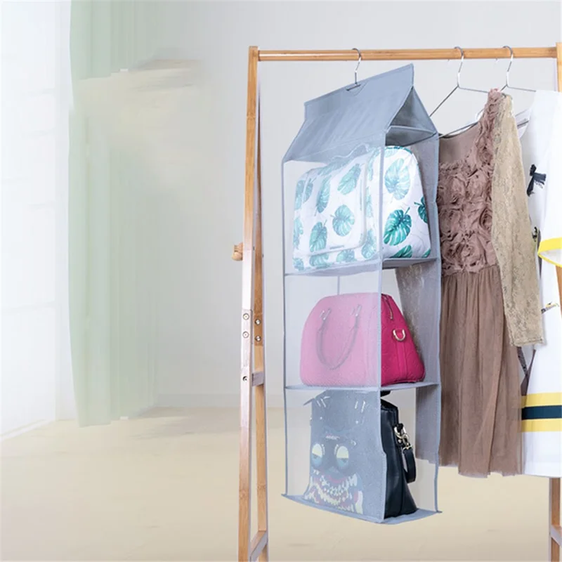 3 Layer Handbag Hanging Organizer Space Saving Non-woven Fabric Storage Bag - Beige