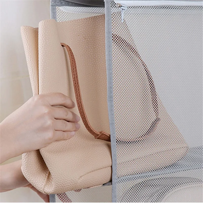 3 Layer Handbag Hanging Organizer Space Saving Non-woven Fabric Storage Bag - Beige