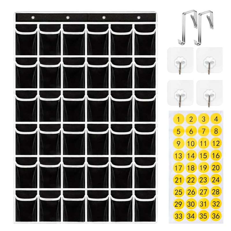 36 Pockets Clear Hanging Pouch Mobile Phone Storage Bag Classroom Calendar Pocket Chart Calculator Holder - Black