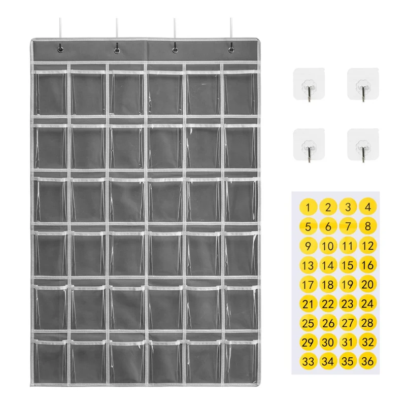 36 Pockets Clear Hanging Pouch Mobile Phone Storage Bag Classroom Calendar Pocket Chart Calculator Holder - Grey