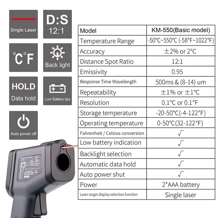 KAEMEASU KM-550AH Kontaktloser Temperaturmesskasten Industrieller Infrarot-Thermometer 