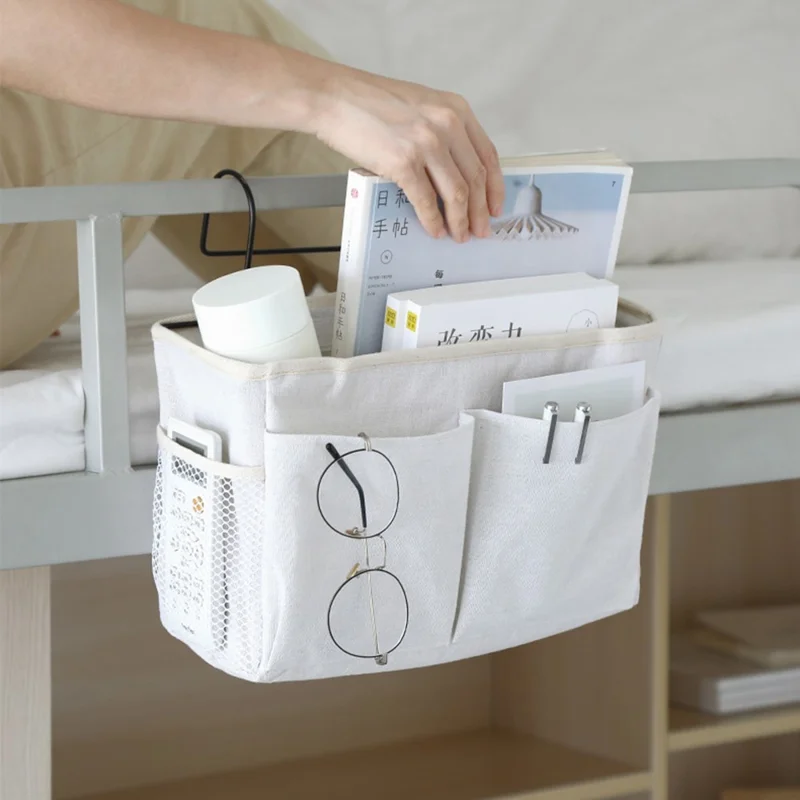 College Student Dorm Room Bedside Storage Bag Hanging Bag Organizer for Books, Phones, and Essentials - White
