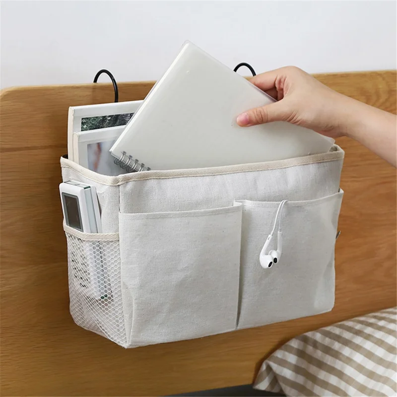 College Student Dorm Room Bedside Storage Bag Hanging Bag Organizer for Books, Phones, and Essentials - White