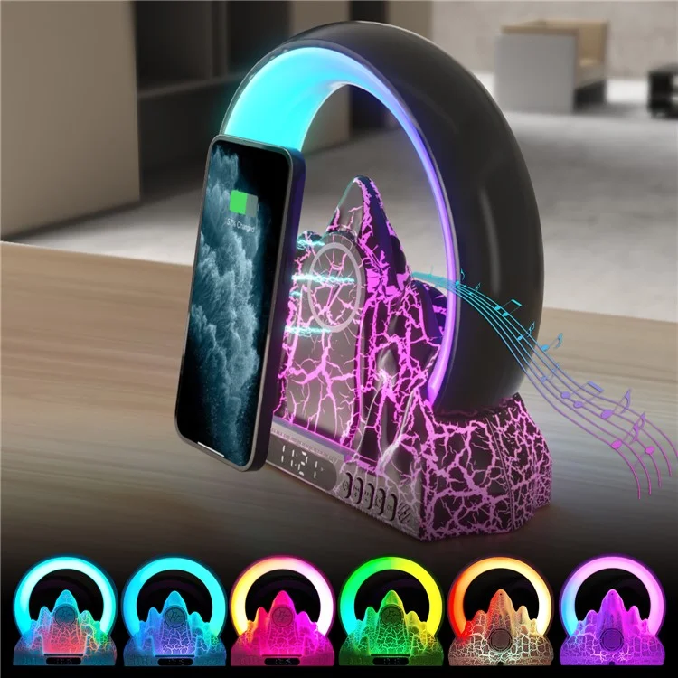 Tuya Smart Flame Mountain Shaped Ambient Light with 15W Wireless Charging, Bluetooth Speaker - Preto