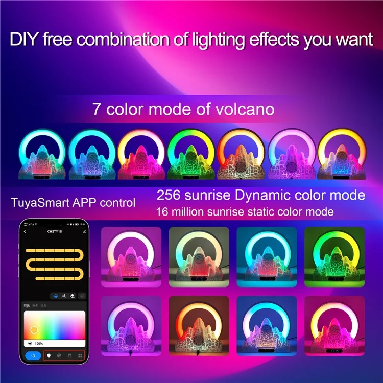 Tuya Smart Flame Mountain Shaped Ambient Light with 15W Wireless Charging, Bluetooth Speaker - Preto