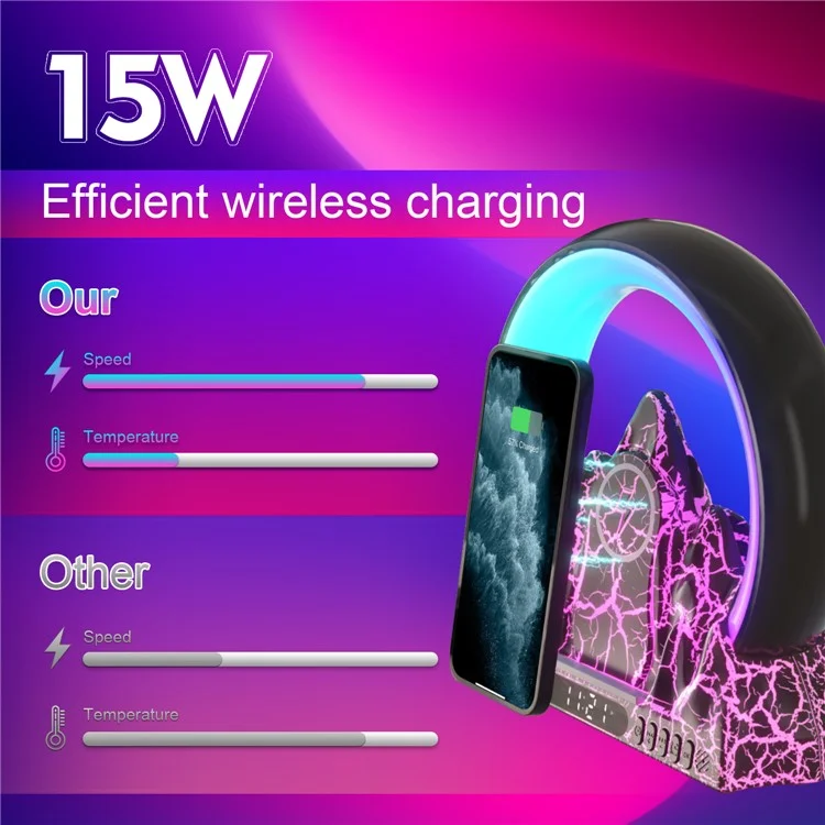Tuya Smart Flame Mountain Shaped Ambient Light with 15W Wireless Charging, Bluetooth Speaker - Preto