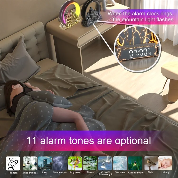 Tuya Smart Flame Mountain Shaped Ambient Light with 15W Wireless Charging, Bluetooth Speaker - Preto