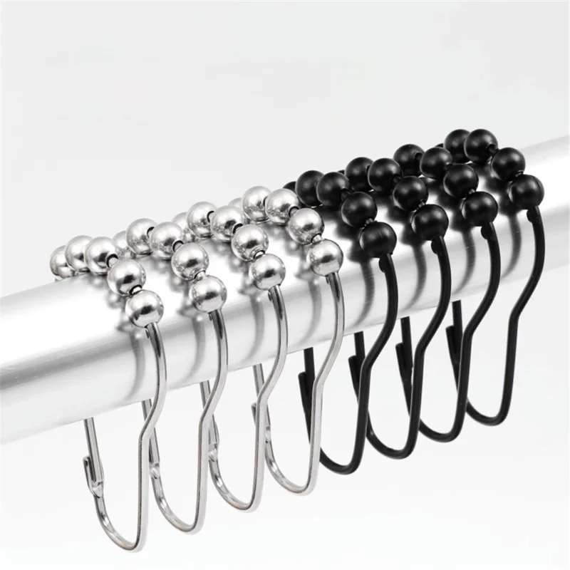 50Pcs 5-Beads Gourd Shaped Ring Stainless Steel Roller Ball Shower Curtain Hook - Black