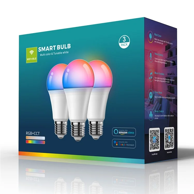 ZJ-BWBL1H-RGBWW-3P 3 ampoules LED intelligentes 10W Modes de scènes multiples Bluetooth Wifi 2,4G 