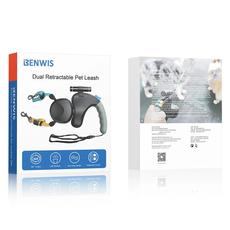 BENWIS HA-DWL-2 Trela Retrátil Dupla para Passeio de Cães com Luz LED - Preto 