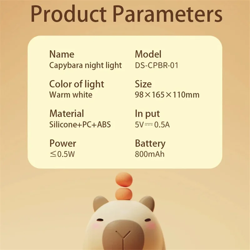 Cute Cartoon Capybara Shape Night Light Silicone Touch Bedside Lamp Desktop Decor