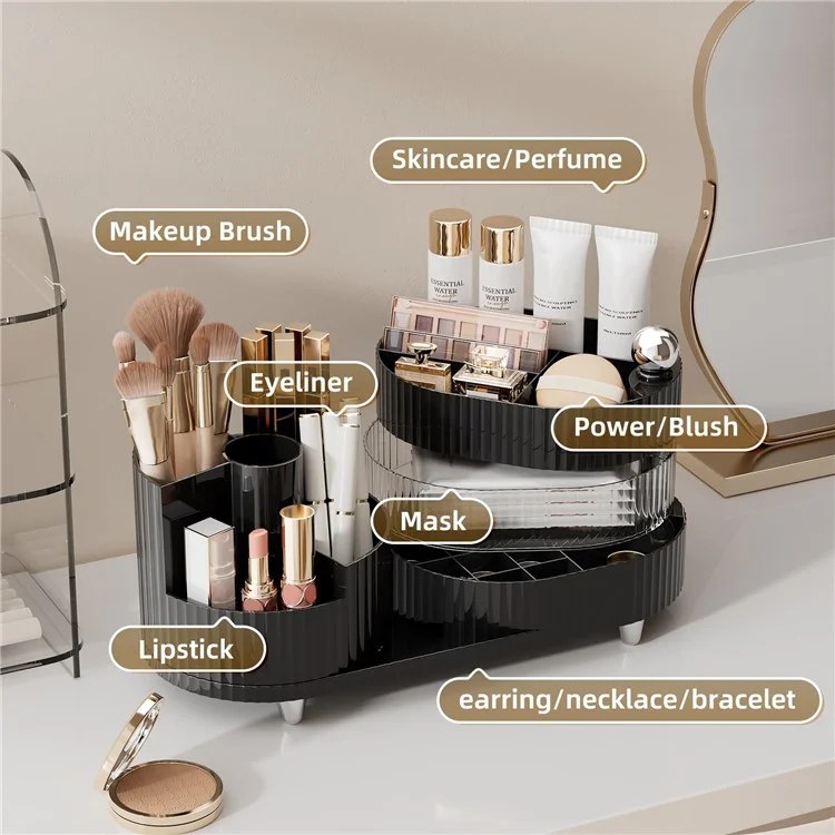 360 Degree Rotating Makeup Organizer Box Swivel Cosmetic Storage Rack  - Black