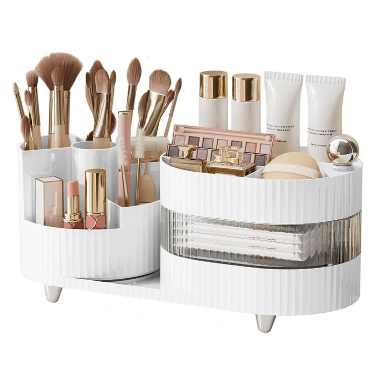 360 Degree Rotating Makeup Organizer Box Swivel Cosmetic Storage Rack  - Cream White