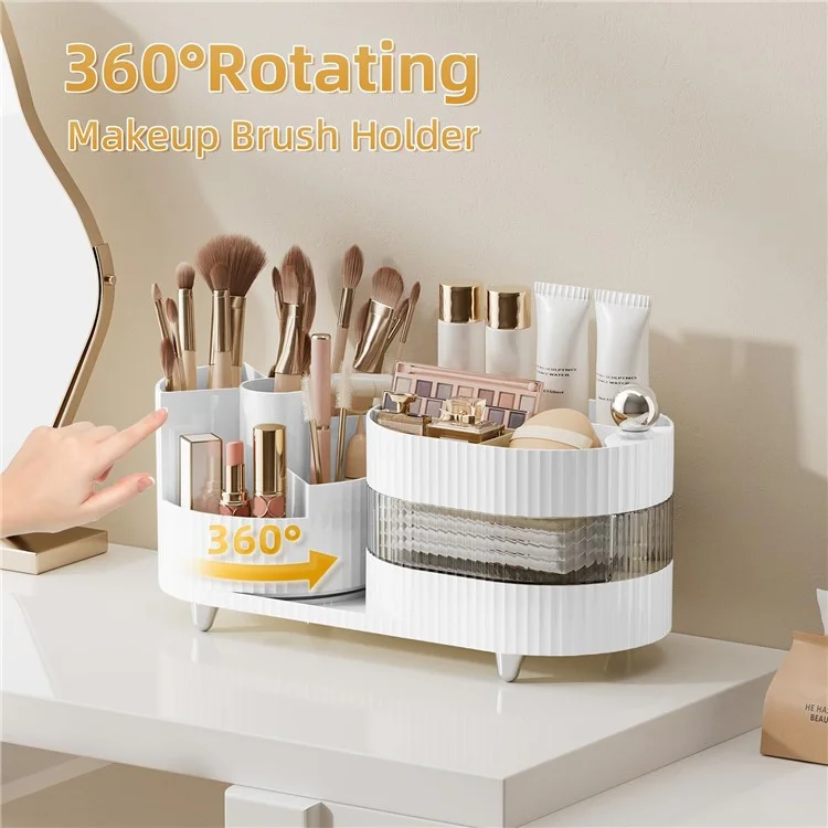 360 Degree Rotating Makeup Organizer Box Swivel Cosmetic Storage Rack  - Cream White