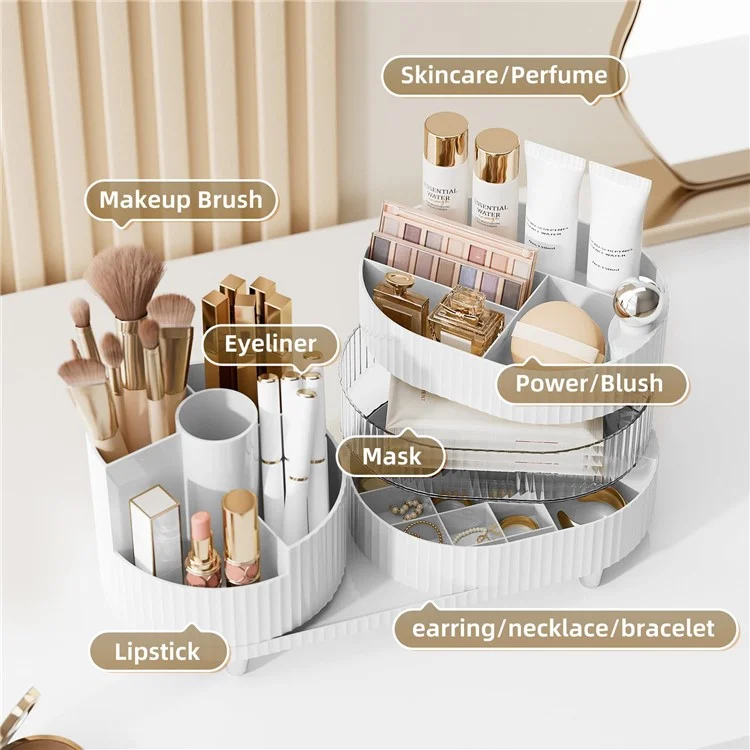 360 Degree Rotating Makeup Organizer Box Swivel Cosmetic Storage Rack  - Cream White