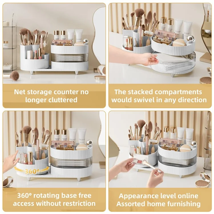 360 Degree Rotating Makeup Organizer Box Swivel Cosmetic Storage Rack  - Cream White