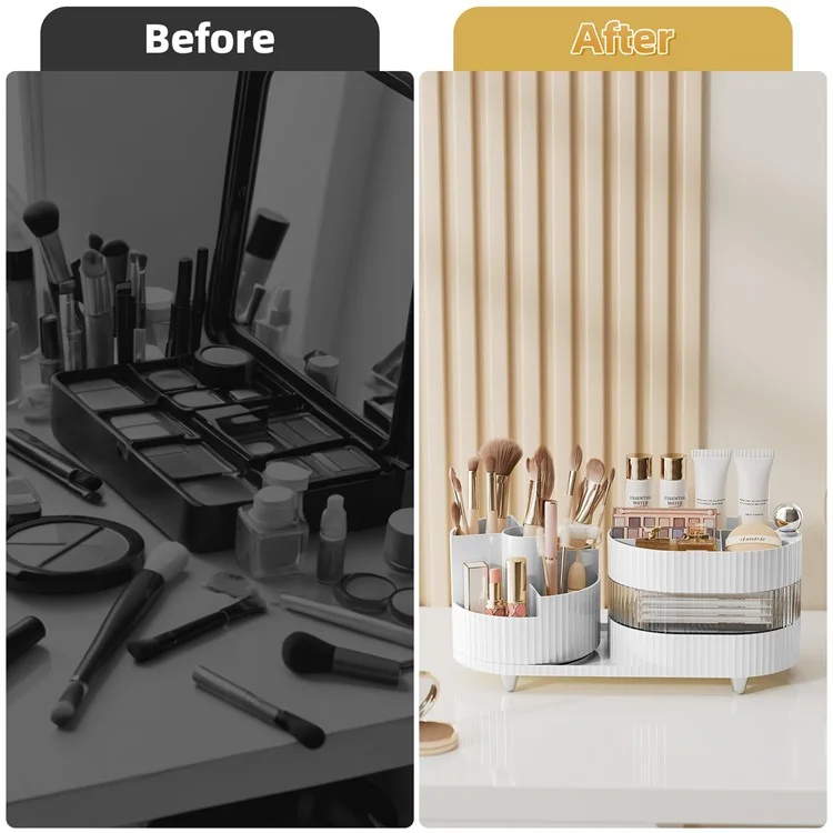 360 Degree Rotating Makeup Organizer Box Swivel Cosmetic Storage Rack  - Cream White
