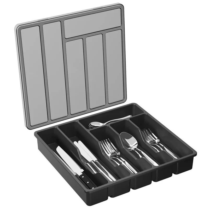 Organizer per posate in 6 scomparti con coperchio, porta posate e stoviglie in plastica - Nero