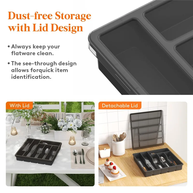 Organizer per posate in 6 scomparti con coperchio, porta posate e stoviglie in plastica - Nero