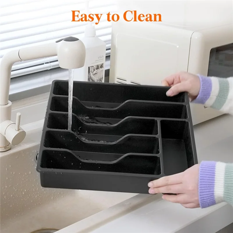 Organizer per posate in 6 scomparti con coperchio, porta posate e stoviglie in plastica - Nero