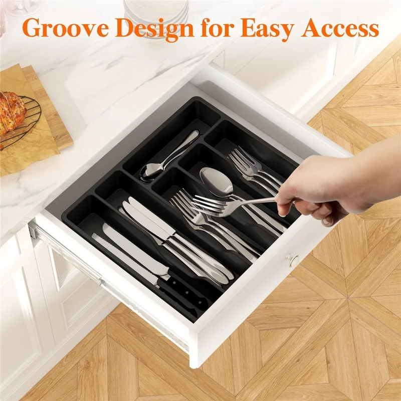 6 Compartments Silverware Organizer with Lid Cutlery Flatware Plastic Storage Box - Grey