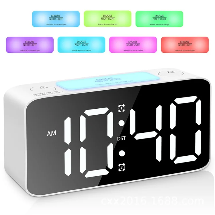 Super Réveil Matin Très Fort pour Adultes Lourdement Endormis Horloge Numérique avec 7 Couleurs Veilleuse de Nuit - Blanc