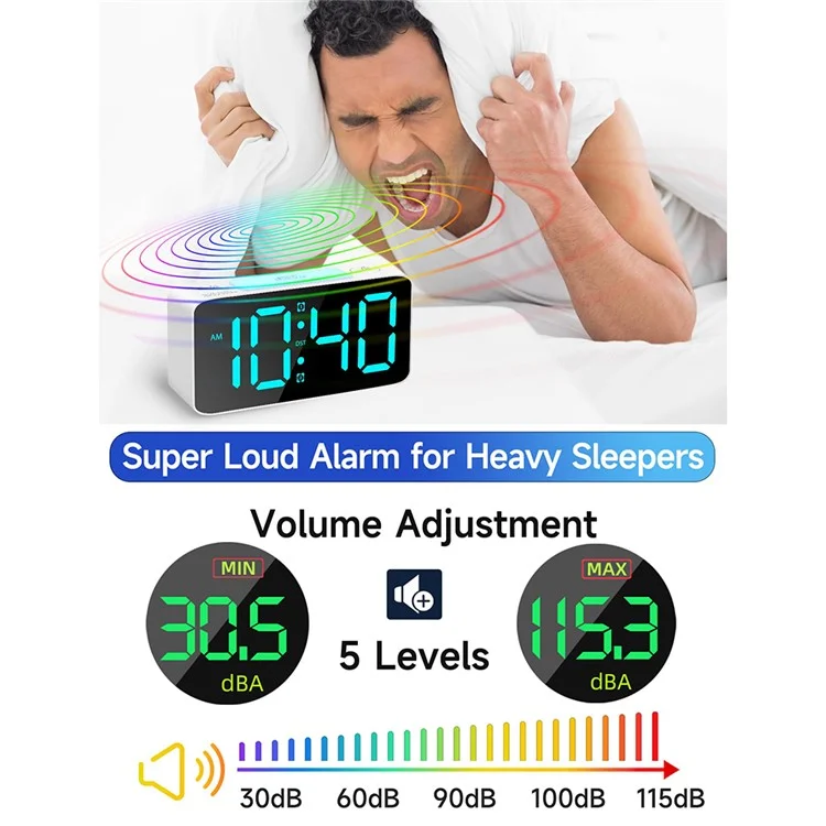 Super Réveil Matin Très Fort pour Adultes Lourdement Endormis Horloge Numérique avec 7 Couleurs Veilleuse de Nuit - Blanc