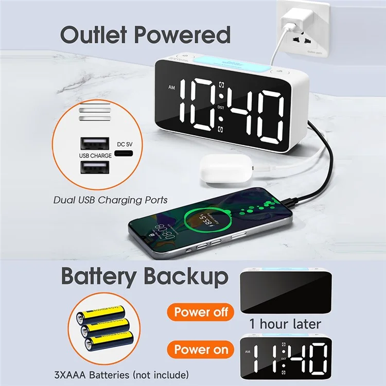 Super Réveil Matin Très Fort pour Adultes Lourdement Endormis Horloge Numérique avec 7 Couleurs Veilleuse de Nuit - Blanc