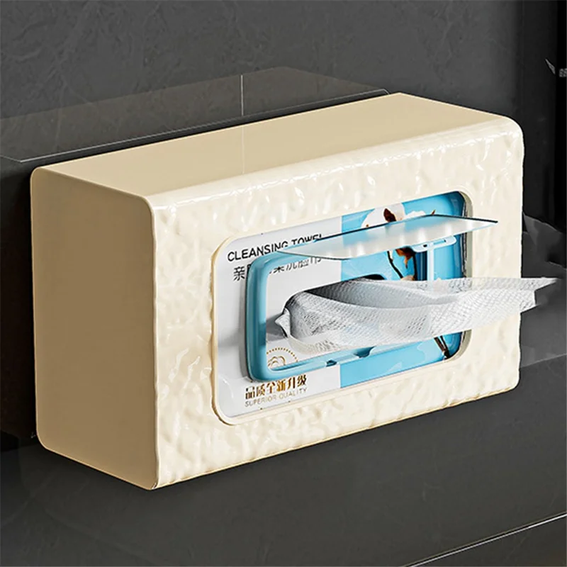 Wall Mounted Water Ripple Texture PET Tissue Box Adhesive Toilet Paper Case - Cream