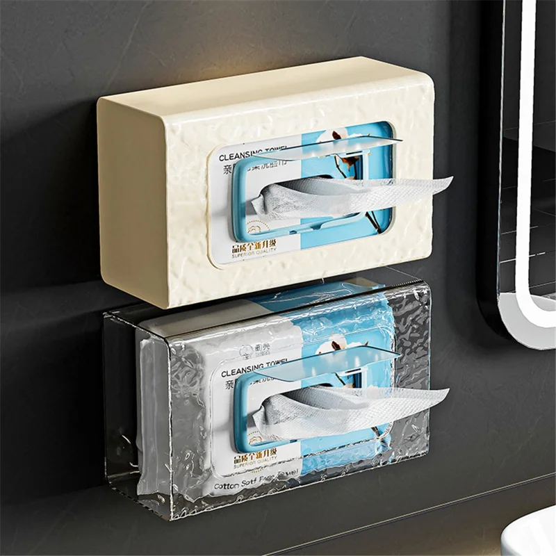 Wall Mounted Water Ripple Texture PET Tissue Box Adhesive Toilet Paper Case - Cream