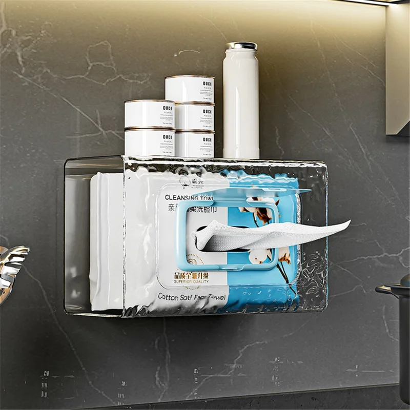 Wall Mounted Water Ripple Texture PET Tissue Box Adhesive Toilet Paper Case - Cream