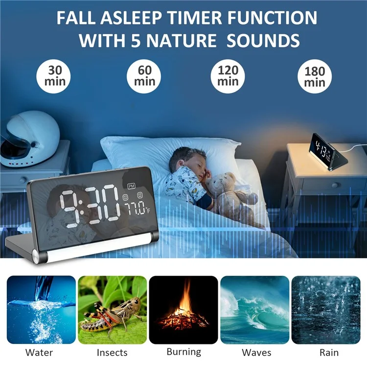 ZM-A1 Temperature Display Foldable LED Digital Alarm Clock with Dimmable Night Light - Black