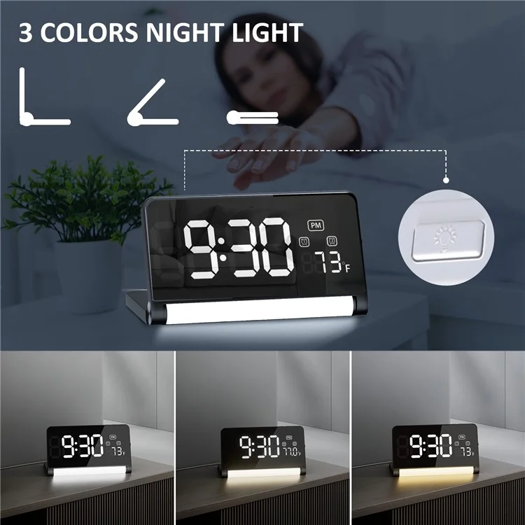 ZM-A1 Temperature Display Foldable LED Digital Alarm Clock with Dimmable Night Light - Black