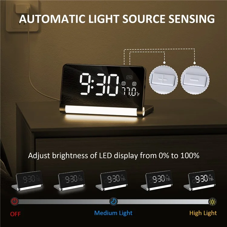 ZM-A1 Temperature Display Foldable LED Digital Alarm Clock with Dimmable Night Light - Black