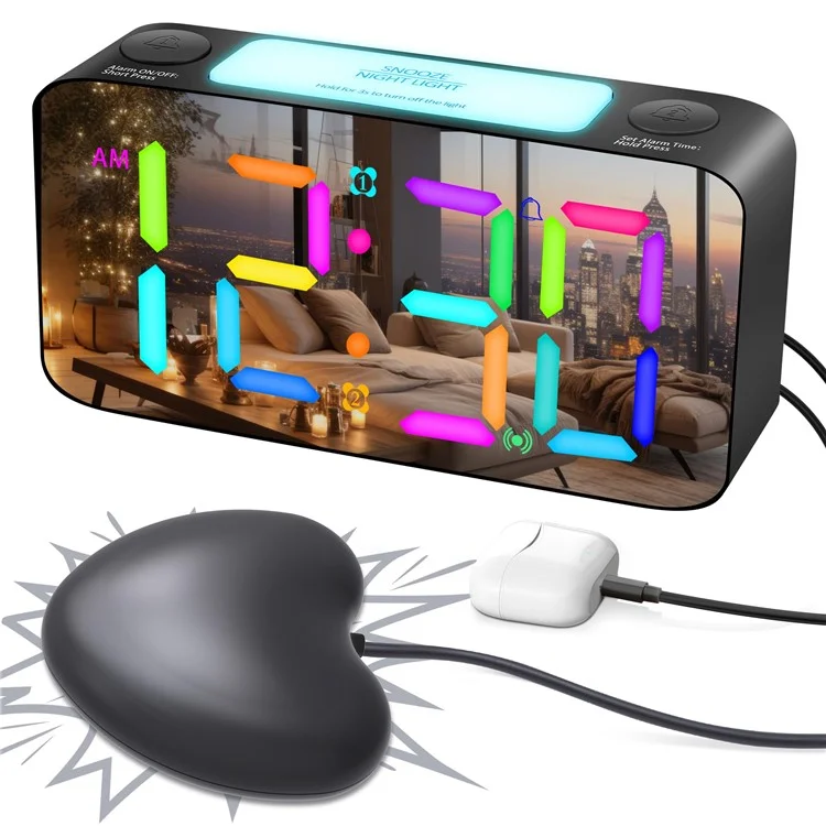 7-inch Mirror Display Vibrating Alarm Clock with Bed Shaker RGB Night Light for Heavy Sleeper - Black