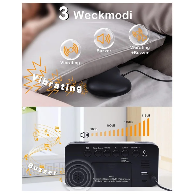7-inch Mirror Display Vibrating Alarm Clock with Bed Shaker RGB Night Light for Heavy Sleeper - Black