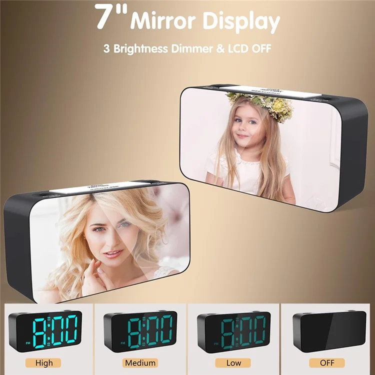 7-inch Mirror Display Vibrating Alarm Clock with Bed Shaker RGB Night Light for Heavy Sleeper - Black